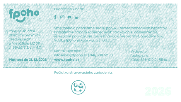 Slovenská firemná stravovacia poukážka s textom, logom, kontaktnými údajmi a dátumom platnosti do 31.12.2026.