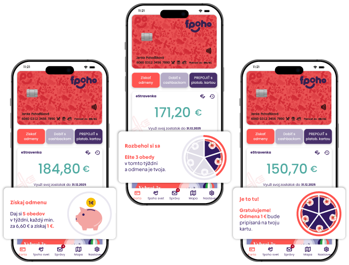 V troch smartfónoch sa zobrazuje aplikácia odmien v slovenčine, ktorá upozorňuje na zostatok, pokrok, upozornenia na výhry a výhody pre verných používateľov.