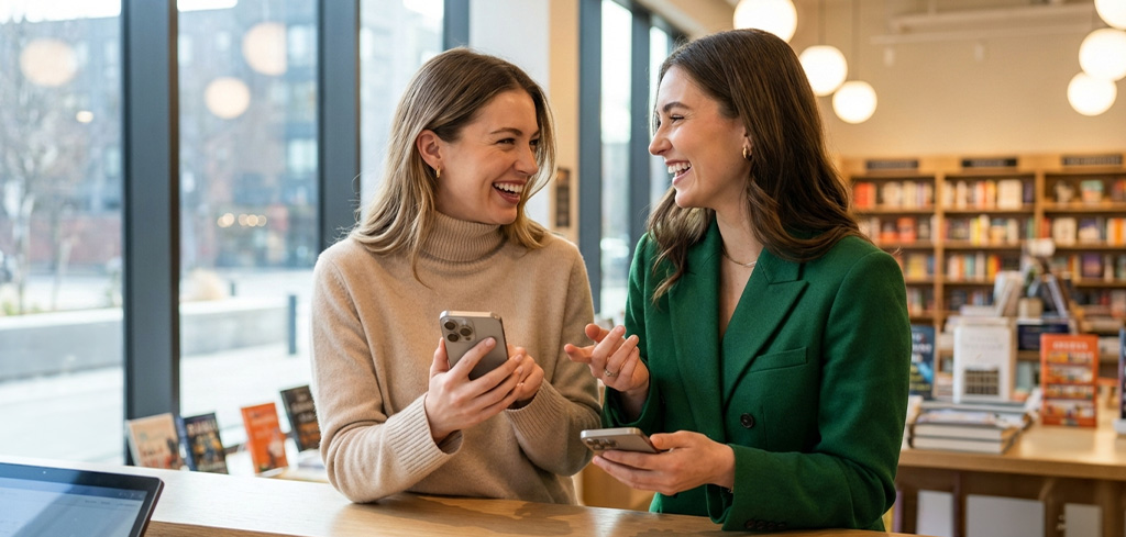 Dve ženy sa usmievajú a držia smartfóny v modernom kníhkupectve, riešiť presun prostriedkov medzi kartami fpoho