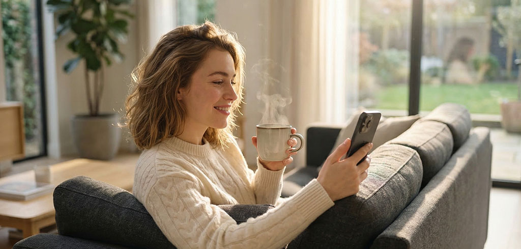 Žena sedí na pohovke, s úsmevom pozerá na mobil, keď si užíva svoj nový paušál cez fpoho Signál.