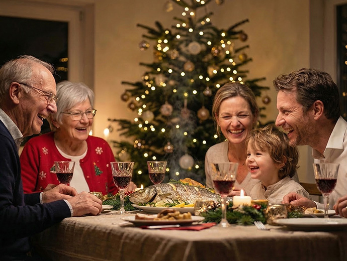 Rodina pri slávnostnom stole s ozdobeným vianočným stromčekom v pozadí.