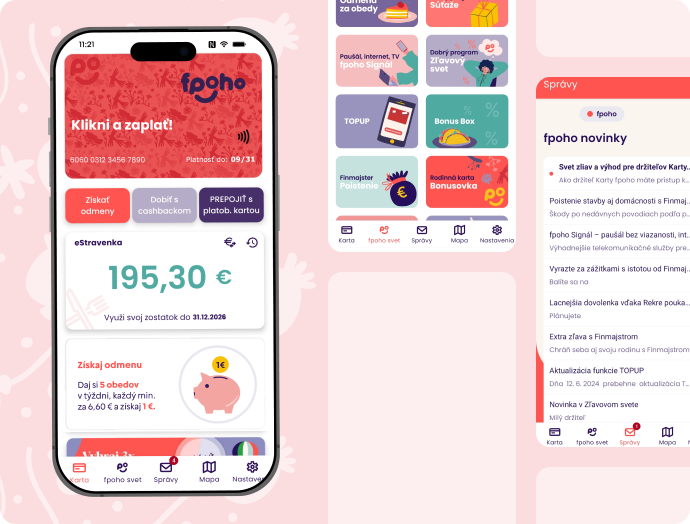 Smartfón zobrazuje fpoho appku s informáciami o zostatku a ikonami odmien na ružovom pozadí.