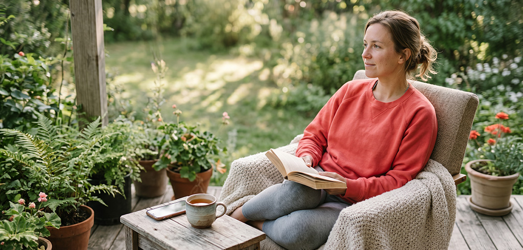 Žena sedí a relaxuje na terase vonku, číta knihu, pričom si počas dovolenky užíva digitálny detox od mailov a pracovných úloh.